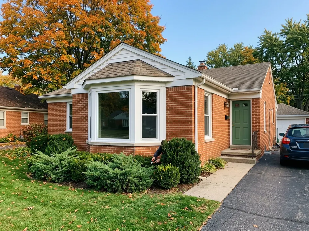 Three-unit angled bay window with a large center picture window and two double-hung flankers on a brick ranch house, with a small shingled hip roof above