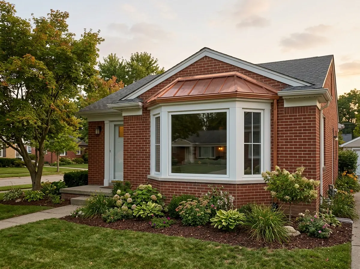 New three-unit bay window with a center picture window and two angled side windows on a brick ranch house