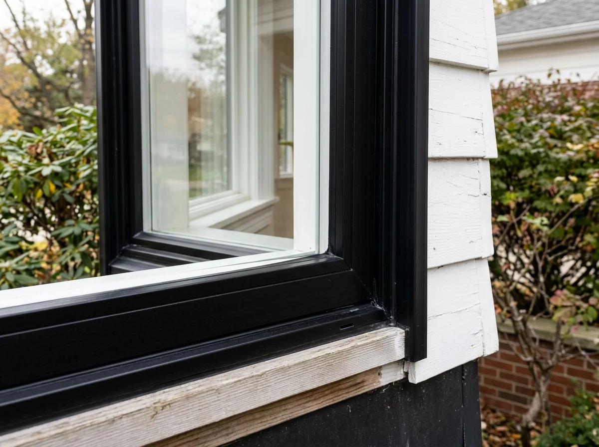 Close view of a black vinyl replacement window frame corner against white siding, showing a smooth factory finish