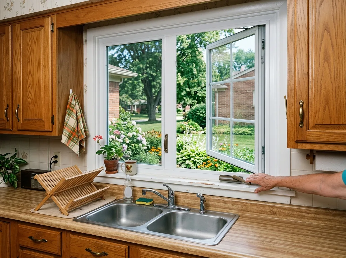 White vinyl casement window cranked halfway open beside a kitchen sink, with the sash angled outward over a flower bed