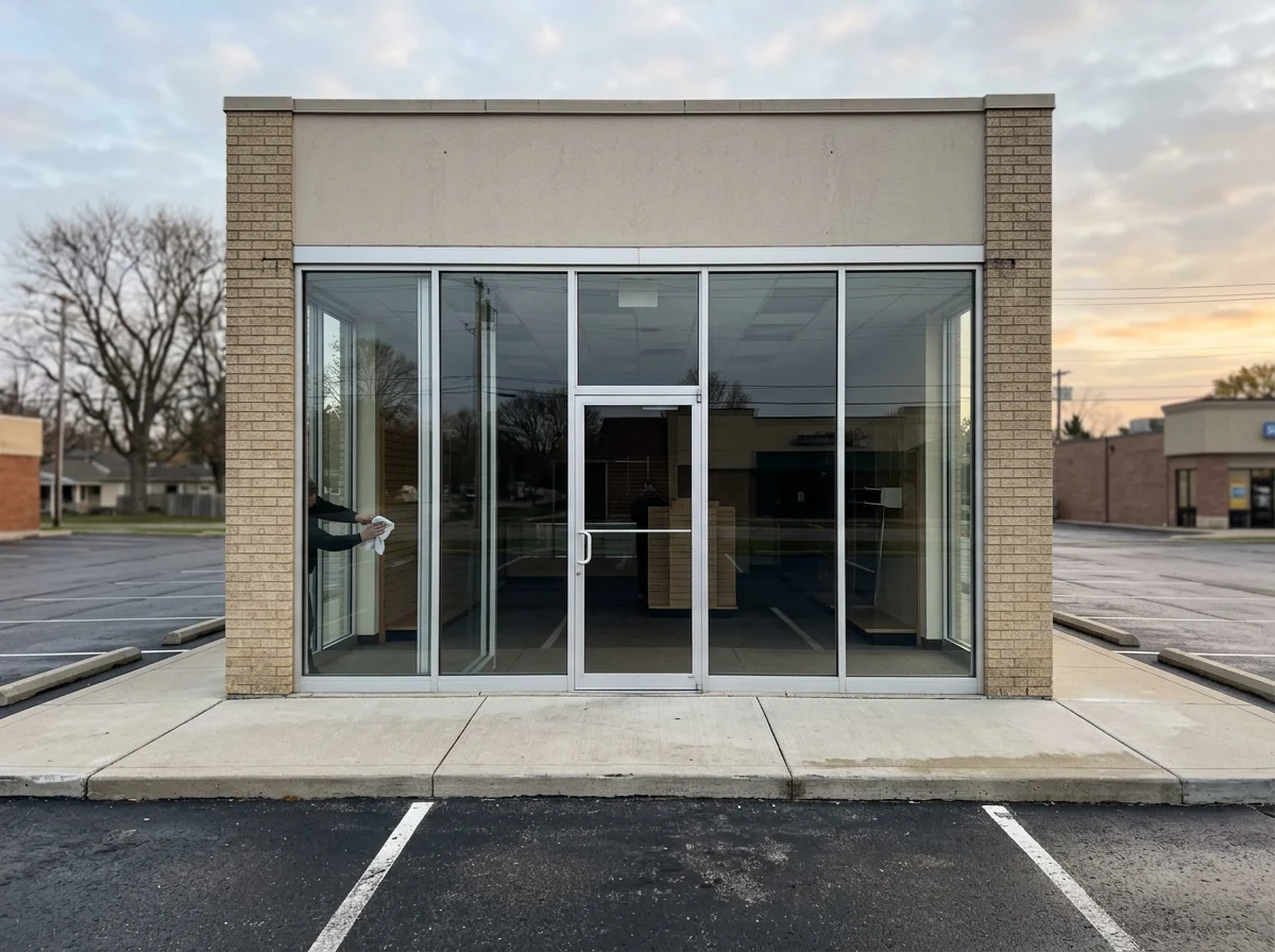 Ground-floor aluminum storefront with tall glass panels and a center glass entrance door on a small suburban retail building
