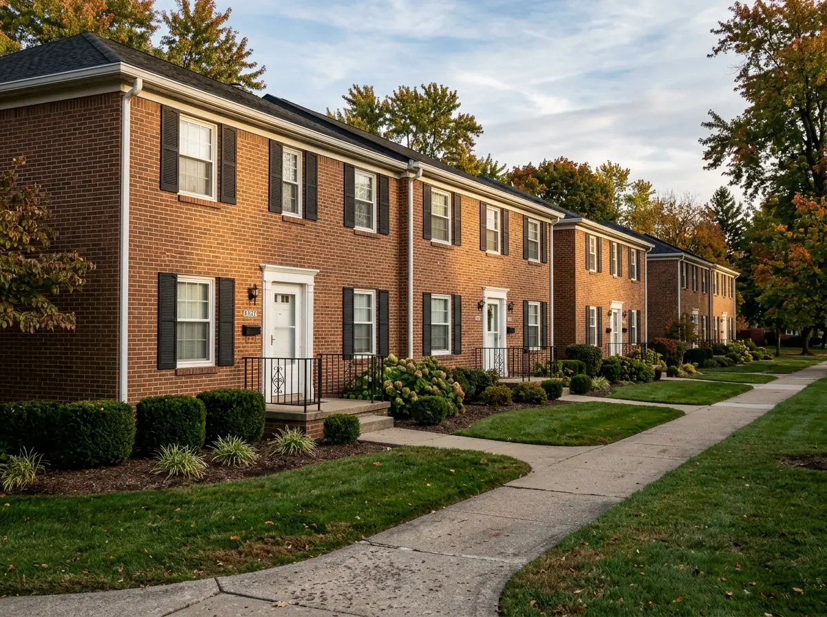 Row of two-story brick condominium townhomes with matching white windows and black shutters along a shared front walk