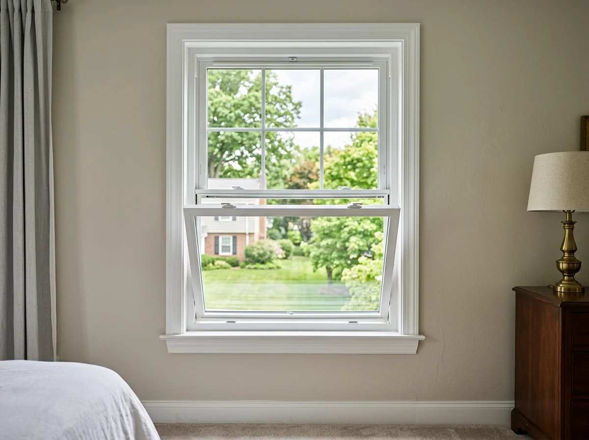 White double-hung replacement window with the lower sash tilted inward for cleaning