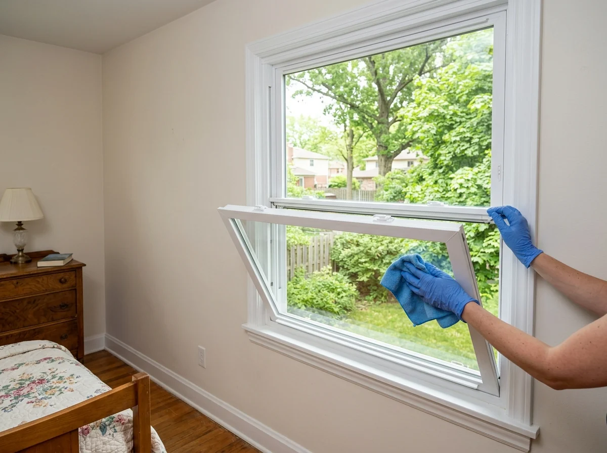 White vinyl double-hung window in a 1970s colonial bedroom with the upper sash lowered and the lower sash tilted inward for cleaning
