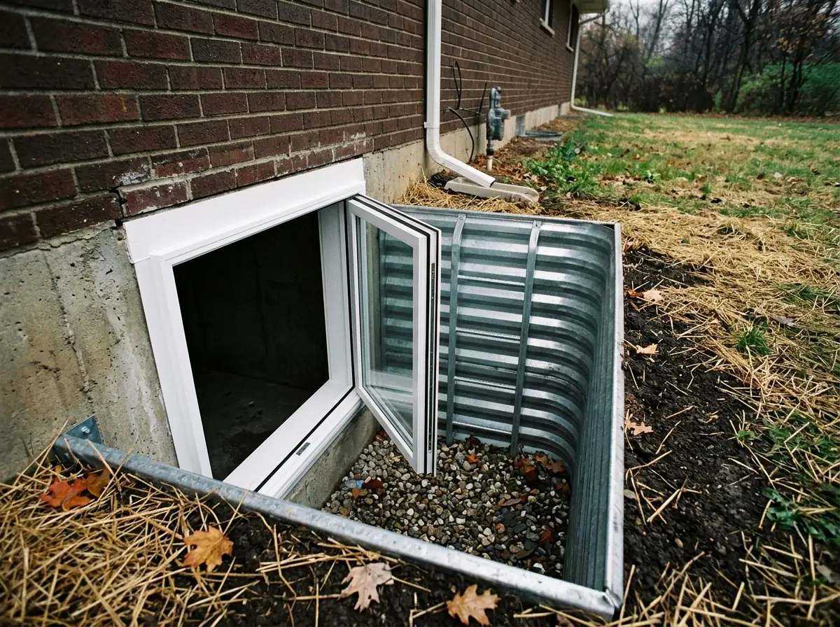 Basement casement window swung fully open into a deep window well, showing the full clear opening
