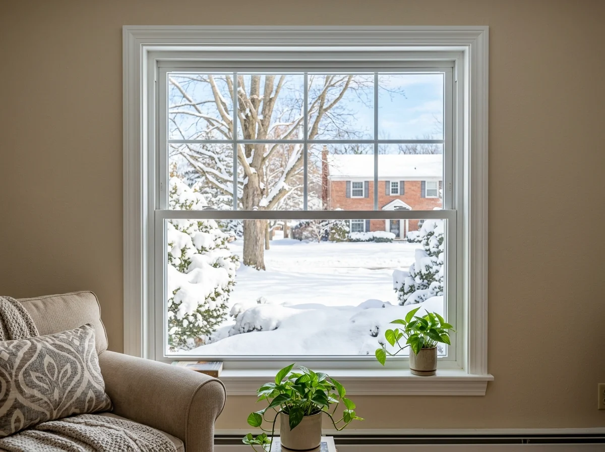 New white double-pane replacement window in a living room, with snow and bare trees outside and a dry, clear pane