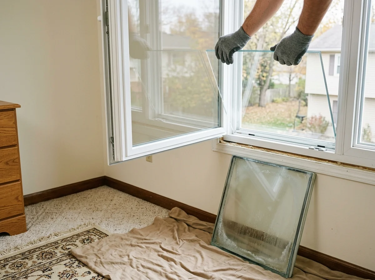 Glazier's gloved hands lifting a new double-pane insulated glass unit into a white vinyl window sash, with the fogged old unit leaning against the wall
