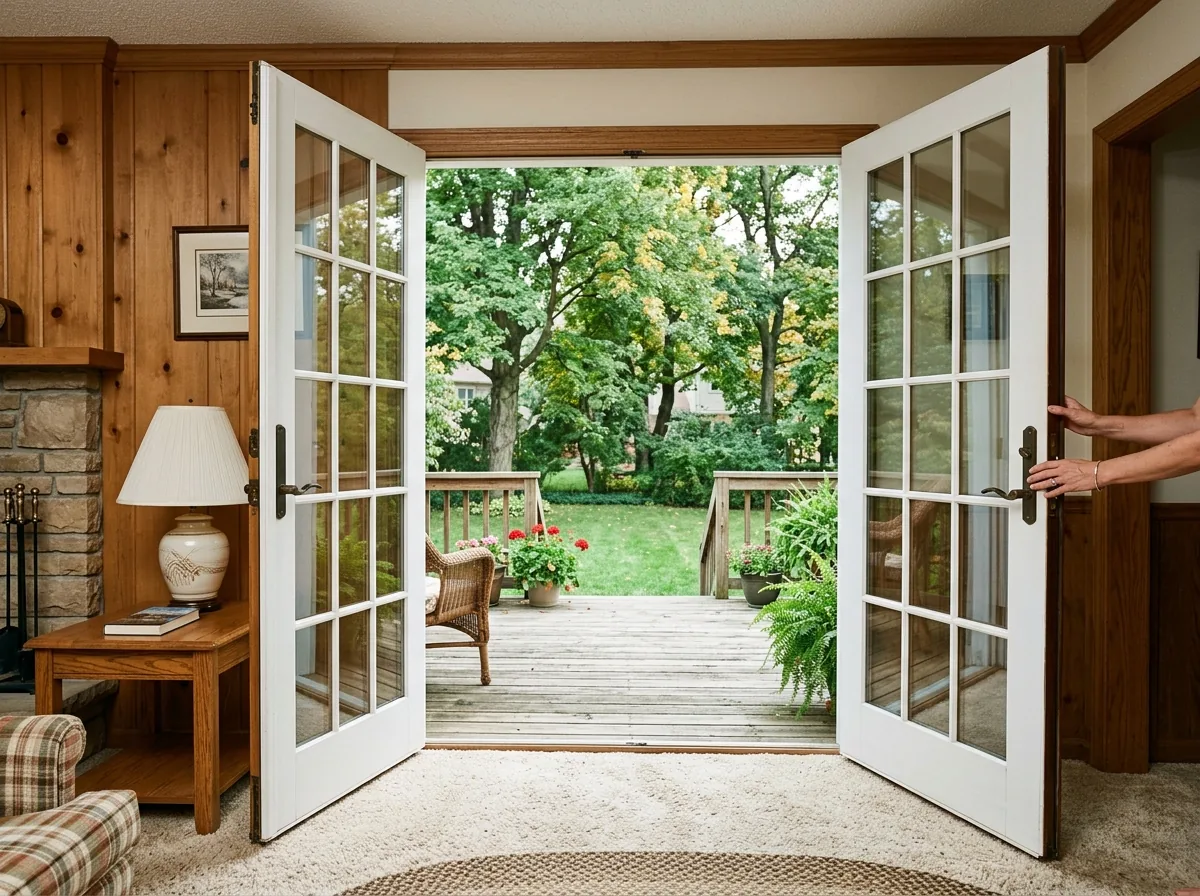 Pair of white in-swing French patio doors opened into a living room, with a wood deck visible outside