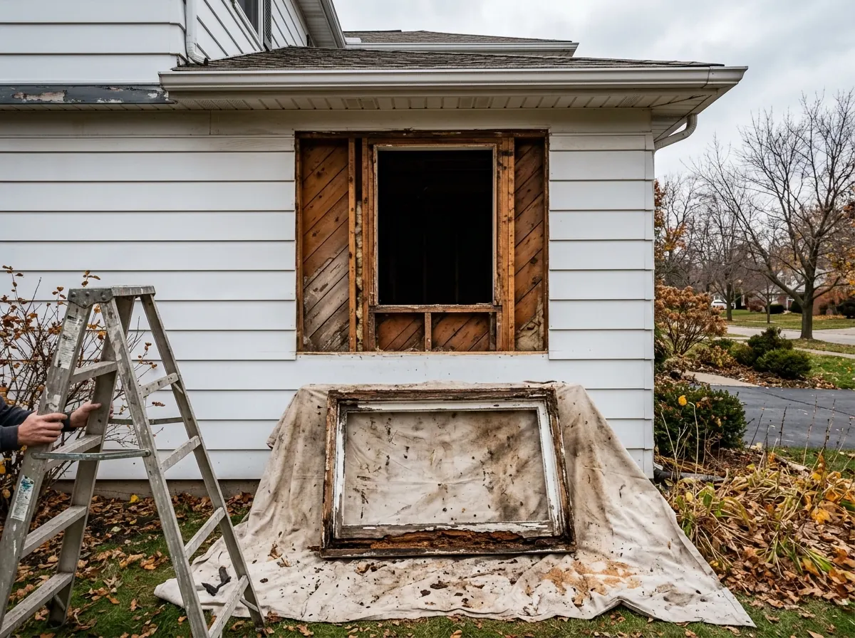 Window opening on a sided house stripped to the rough wood framing, with a rotted old sill lying on a drop cloth below
