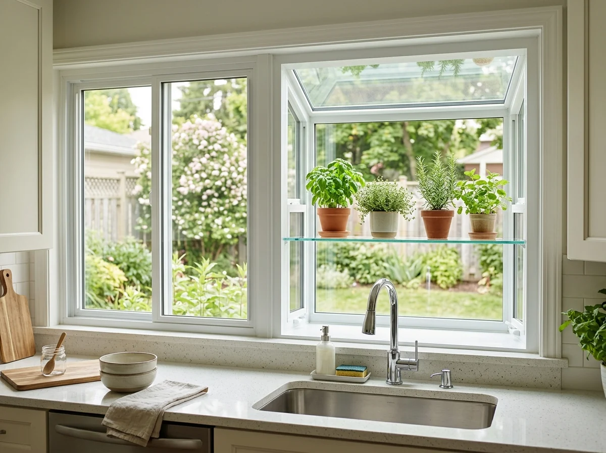 Box-shaped garden window with a glass shelf and potted herbs over a kitchen sink, next to a sliding window