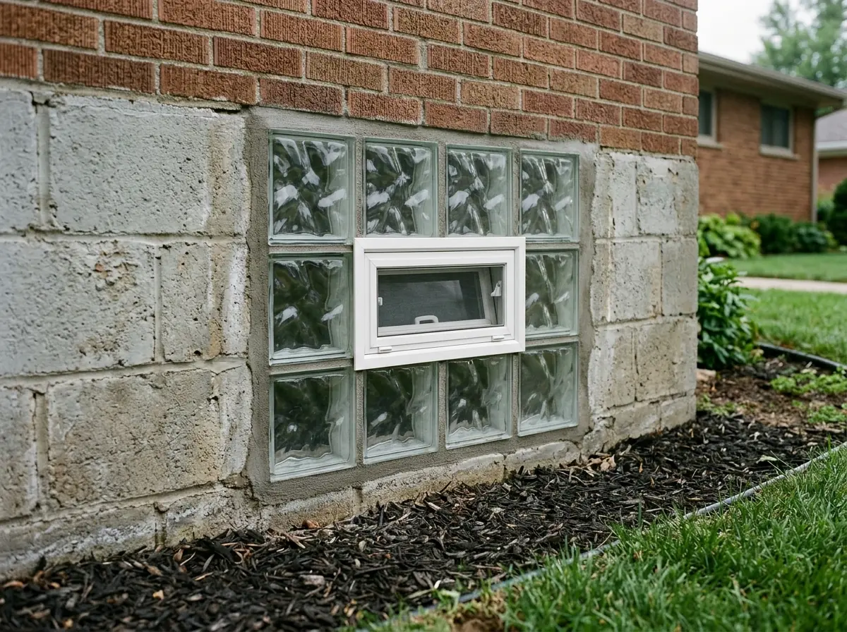 Glass block basement window panel with a small hopper vent set in a concrete block wall