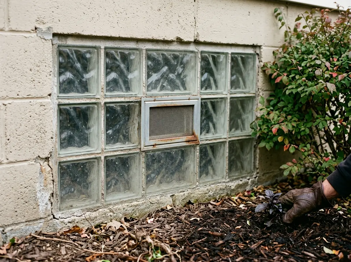 Glass block basement window with wavy-pattern blocks and a small rectangular vent in the center, set in a block foundation wall