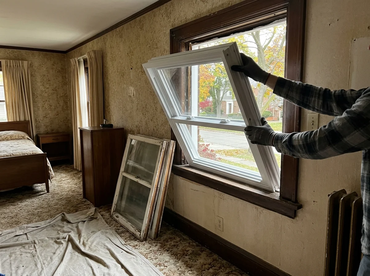 Old wood window frame with the sashes removed and a new white insert window being set into the opening from inside