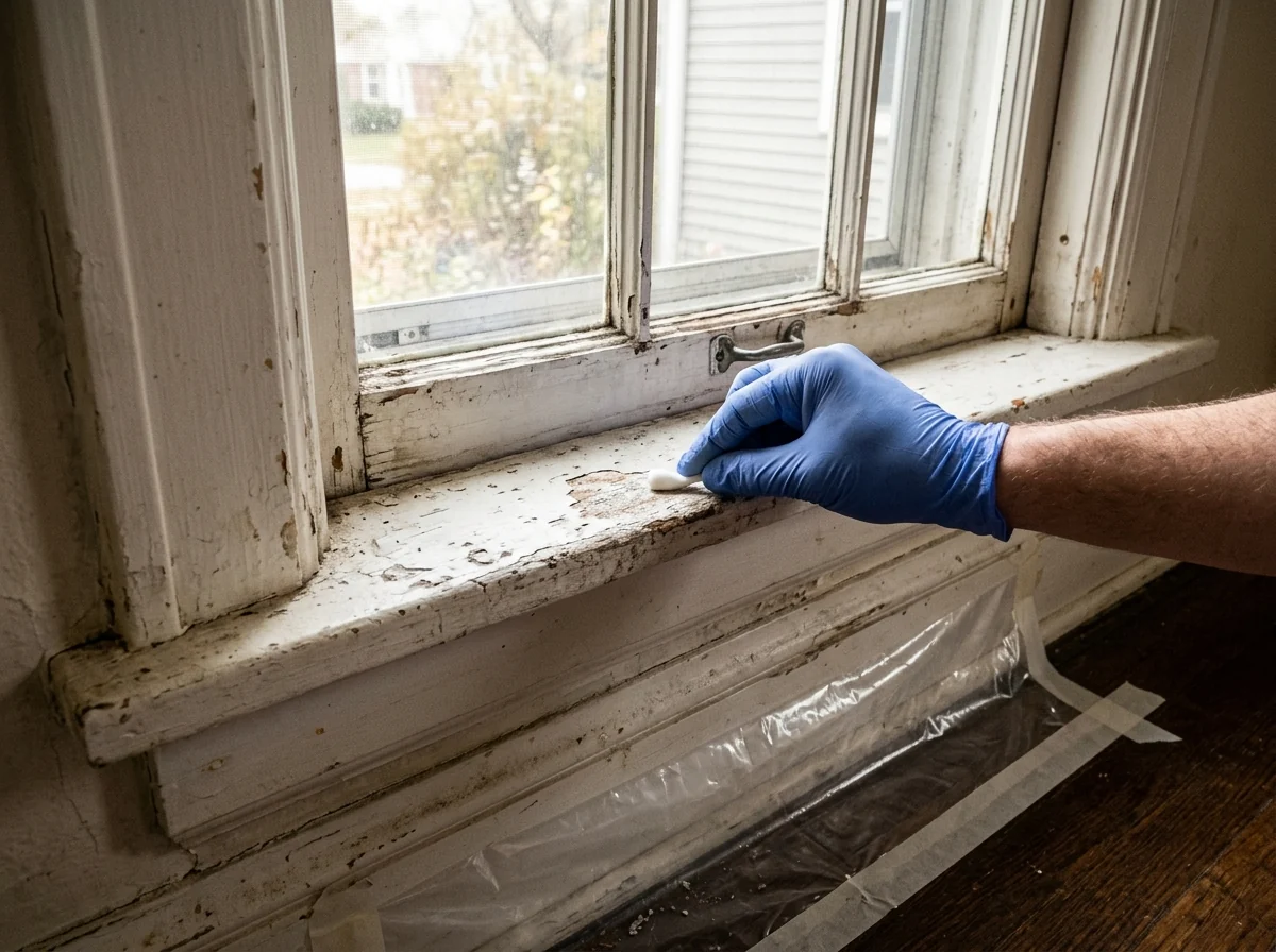 Gloved hand holding a lead test swab against the painted wood trim of an old double-hung window