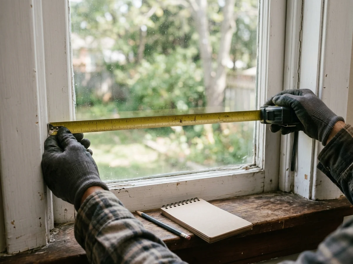 Gloved hands holding a tape measure across the inside of a window opening to check its width