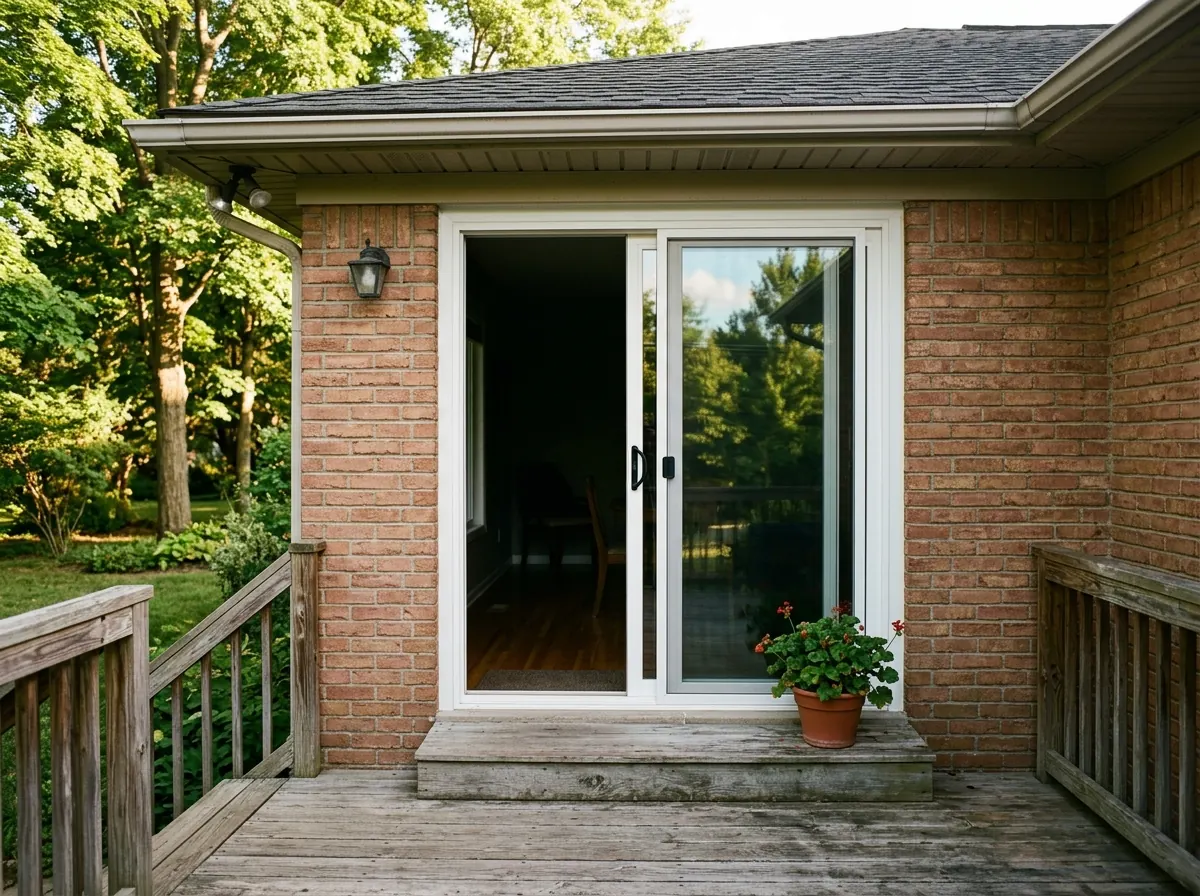 White two-panel sliding glass patio door with the operating panel half open onto a wooden deck behind a 1970s brick ranch house