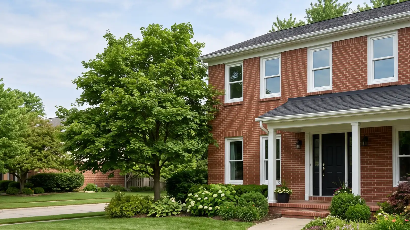 Red-brick two-story colonial with new white double-hung windows and white trim