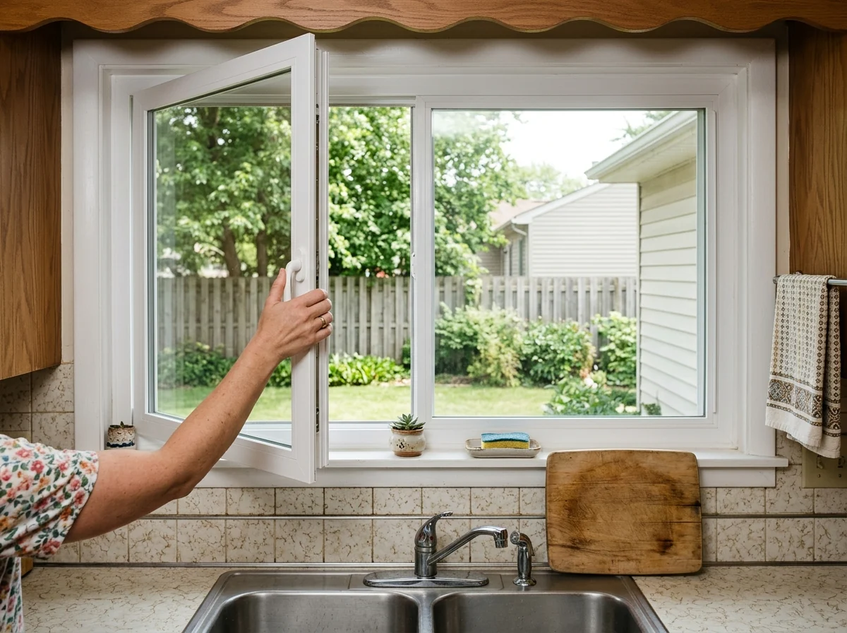 White vinyl two-lite sliding window with the left sash pushed half open over a kitchen counter