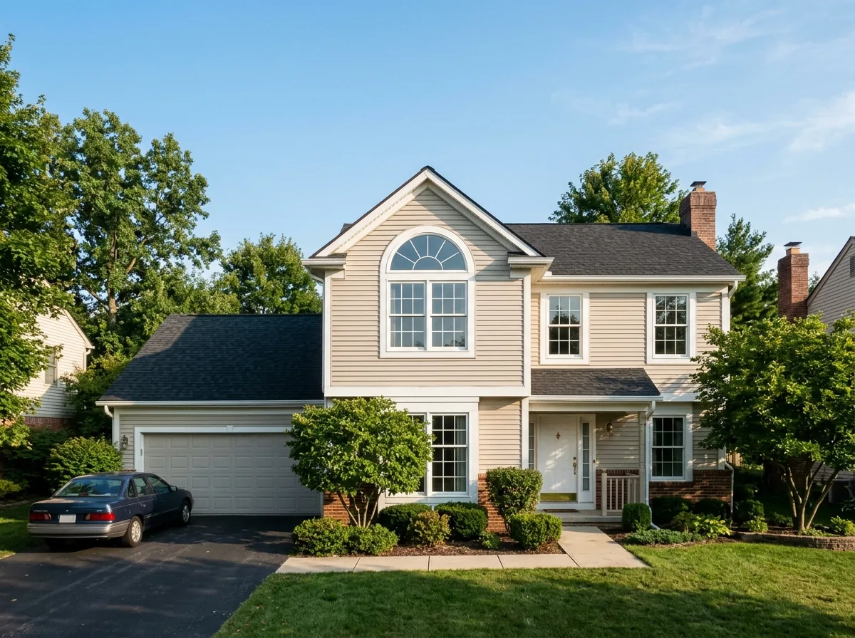 White half-round arched window joined above a double-hung window on a two-story colonial