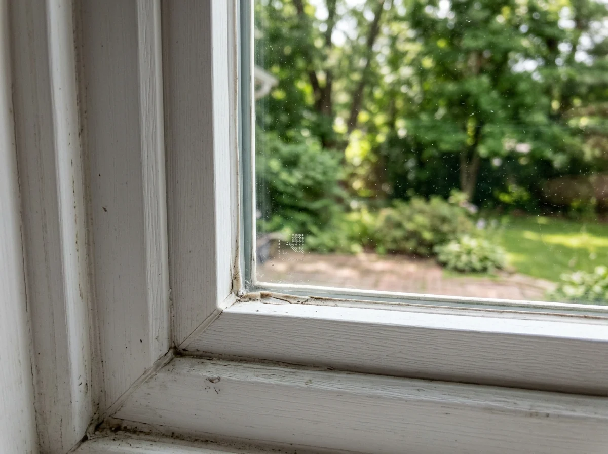 Tempered glass pane with a small etched safety mark visible in its lower corner, set in a white vinyl window frame
