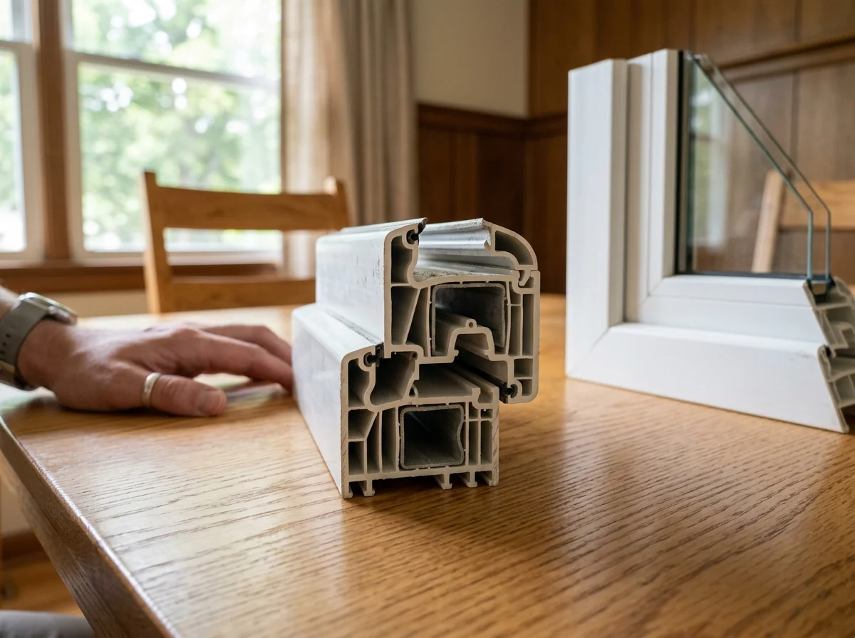Cross-section of a white vinyl window frame showing several hollow chambers inside the profile