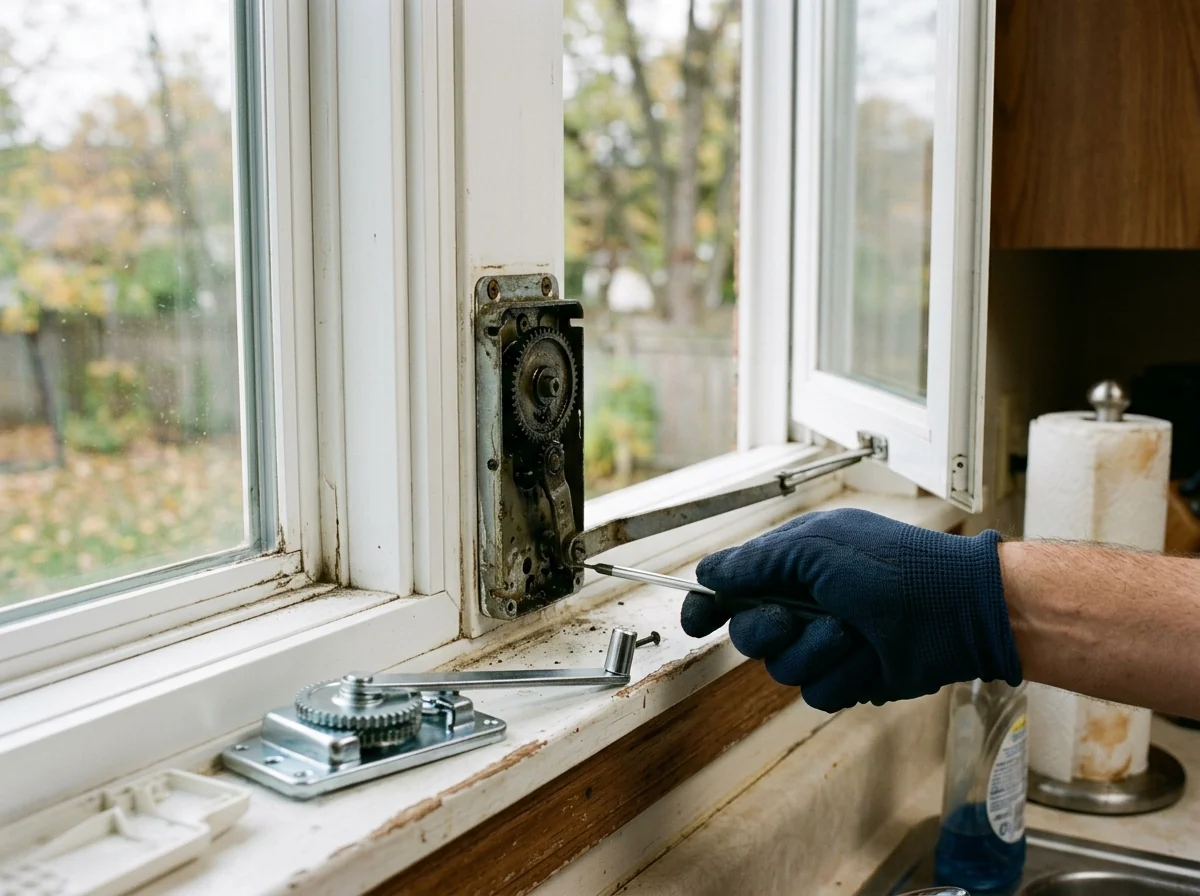 Close-up of a casement window crank operator with its cover removed, showing the gear and arm attached to the sash on a white vinyl window