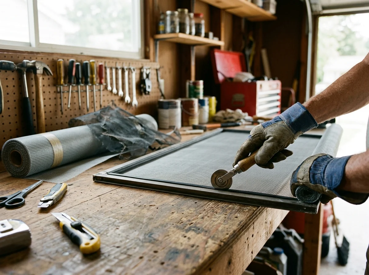Hands using a spline roller to press new gray fiberglass mesh into an aluminum window screen frame on a workbench