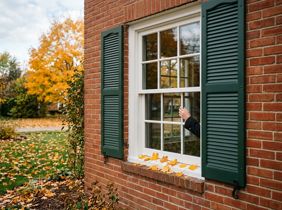 Painted solid wood double-hung window with divided lites in a traditional colonial house, seen from outside